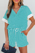Striped V Neck Contrast Cuff Top And Drawstring Short Lounge Set